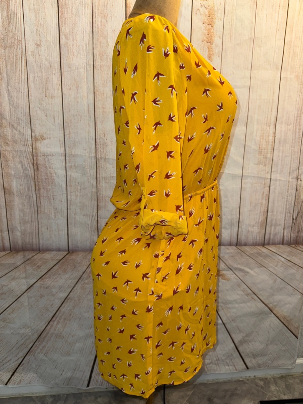 Signature Studio Yellow Sparrow Bird-Print Mini Dress, drawstring waist, Sz L - Picture 3 of 9